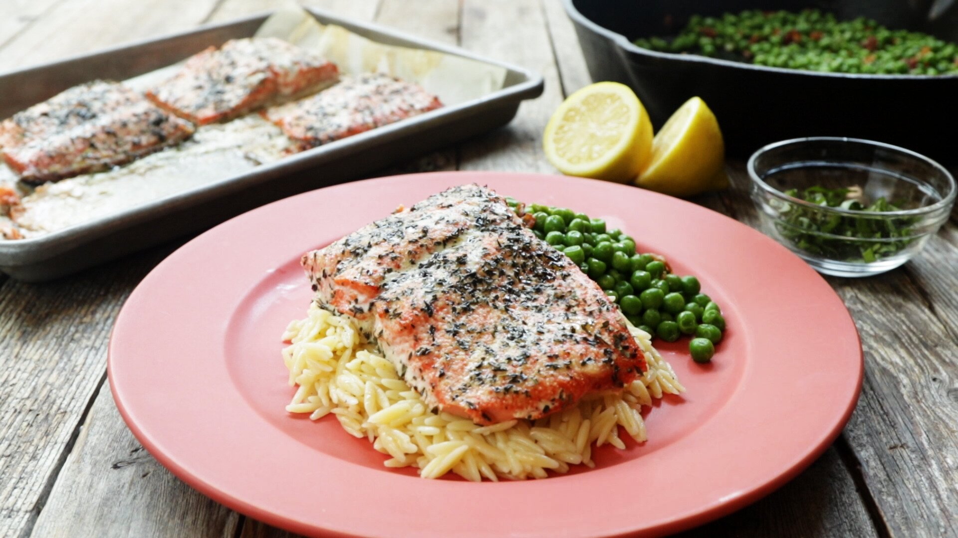 Baked Salmon With Lemony Orzo And Basil Bacon Peas Recipe Allrecipes