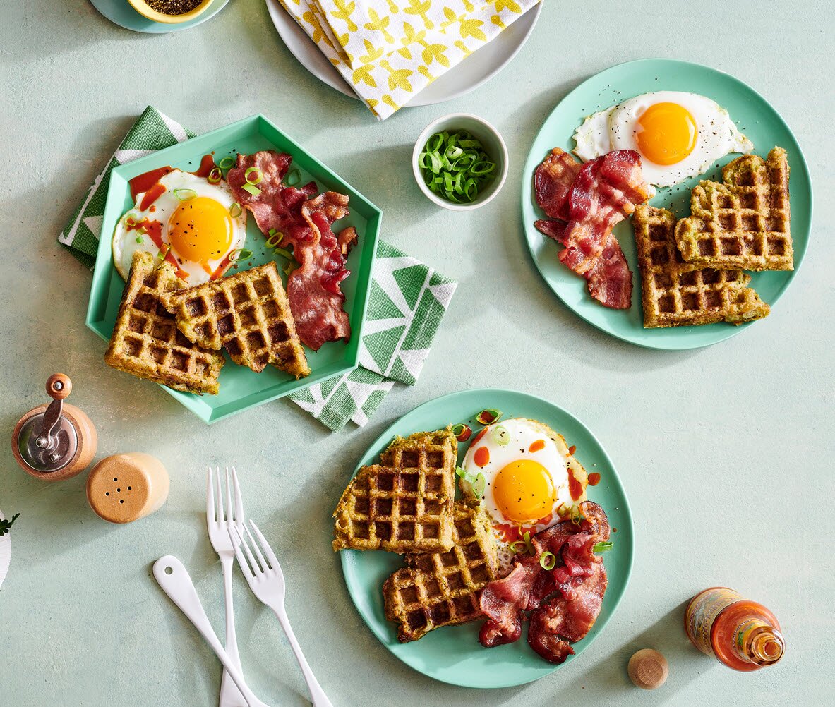 Broccoli Cheese Veggie Tots Waffles With Bacon And Eggs Allrecipes