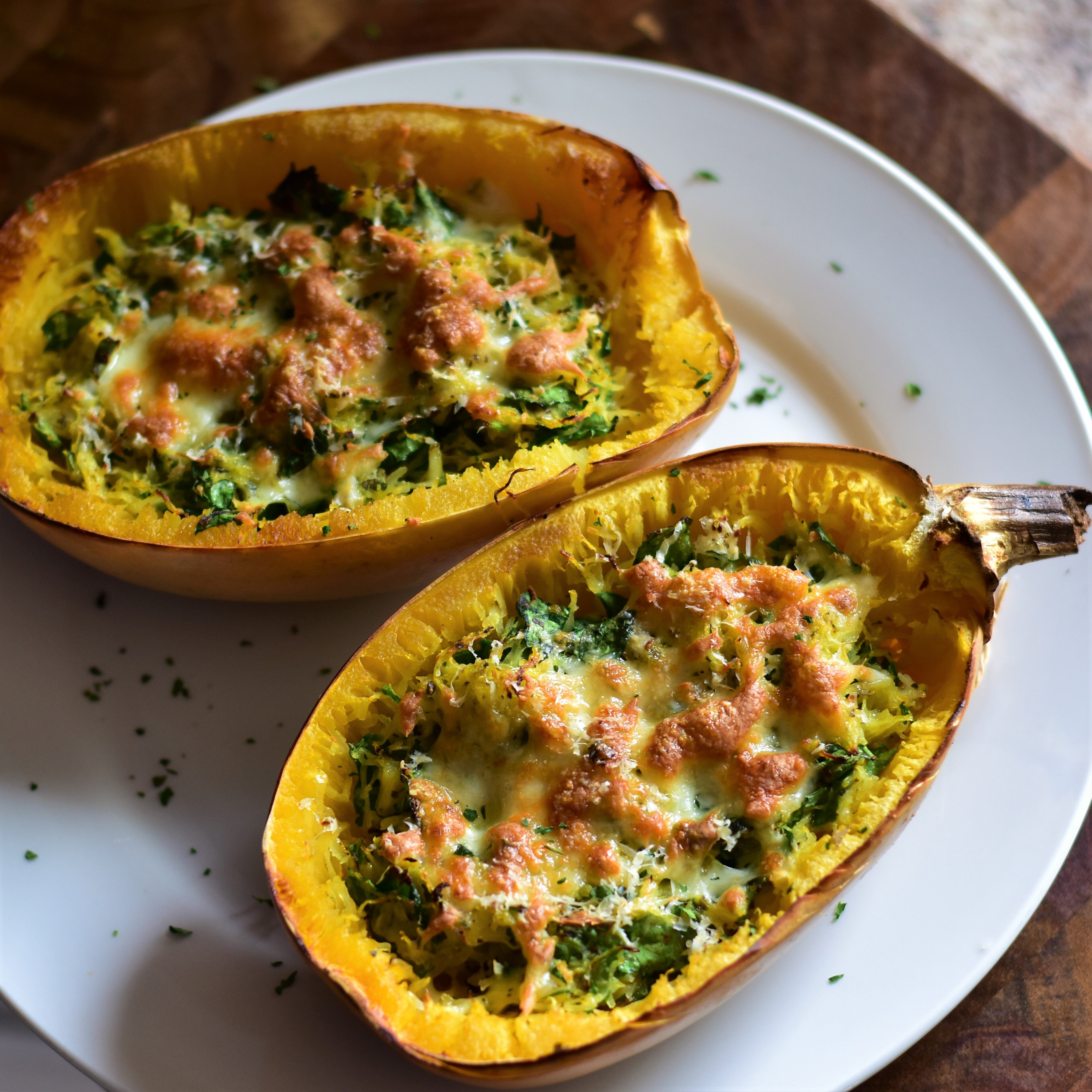 Cheesy Roasted Garlic Spaghetti Squash With Spinach Allrecipes