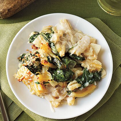 Baked pasta with spinach lemon and cheese