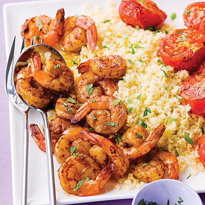 Harissa Shrimp With Couscous Tomatoes Mint Recipe Myrecipes