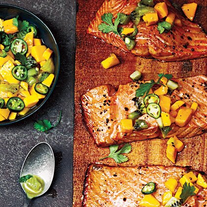 Cedar Plank Grilled Salmon With Mango Kiwi Salsa Recipe Myrecipes