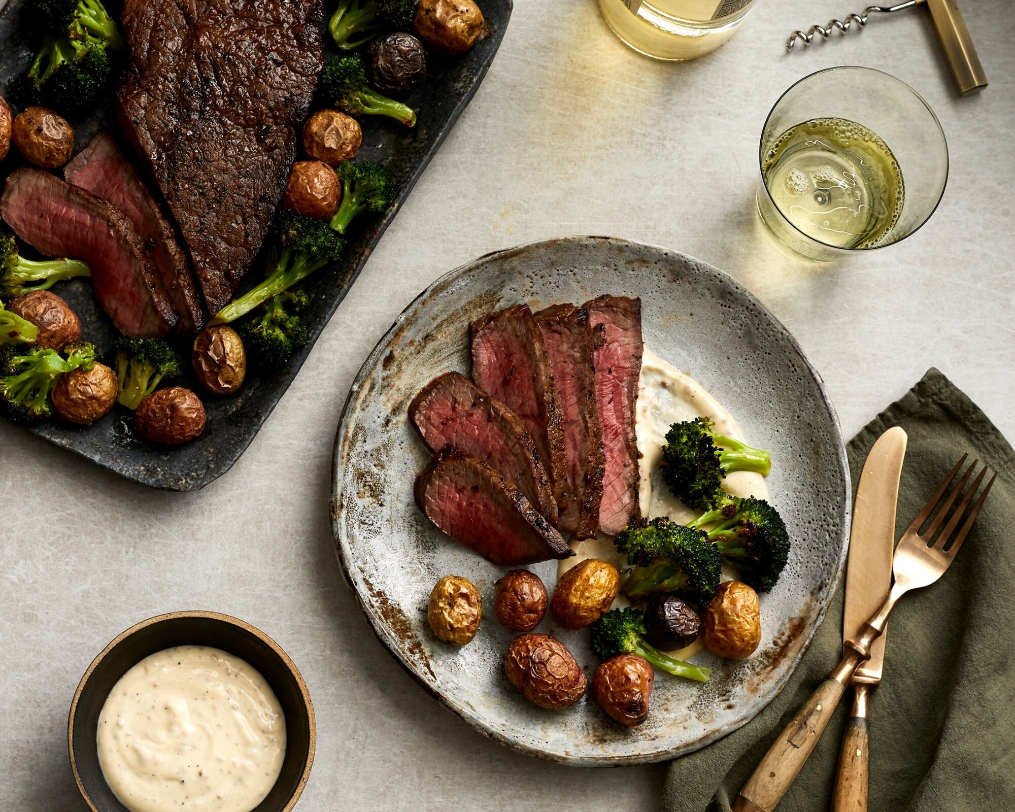 Marinated London Broil With Potatoes Broccoli And Roasted Garlic Aioli Recipe Myrecipes