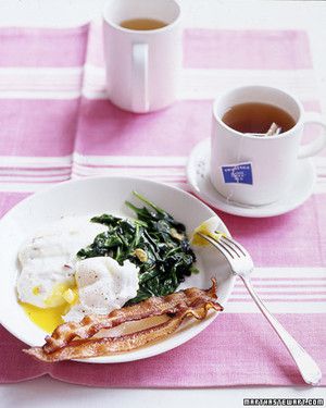 Poached Eggs with Bacon Grits and Wilted Spinach 