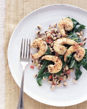 Cumin-Dusted Shrimp with Black-Eyed Peas and Collard Greens 