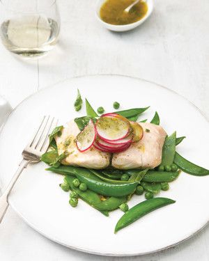 Steamed Cod and Mixed Green Peas with Basil Vinaigrette 