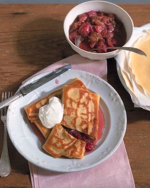 Breakfast Blintzes with Caramelized Rhubarb and Sour Cream 