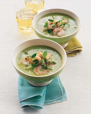Chilled Pea and Pea-Shoot Soup with Shrimp 