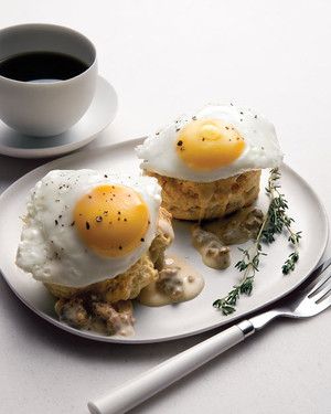 Southern Fried Eggs Over Buttermilk Biscuits with Sausage Gravy 