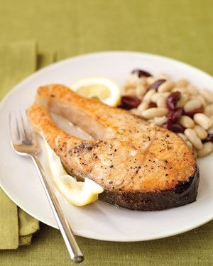 Salmon Steaks with White-Bean and Olive Saute 