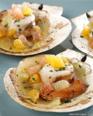 Grilled Scallops in the Half Shell with Citrus Fruits and White Wine 