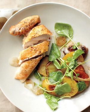 Quick Roasted Chicken with Potatoes, Onions, and Watercress