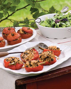Tomatoes and Peppers stuffed with Basmati Rice and Kale 