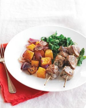 Pork Kebabs With Roasted Squash And Sauteed Greens 