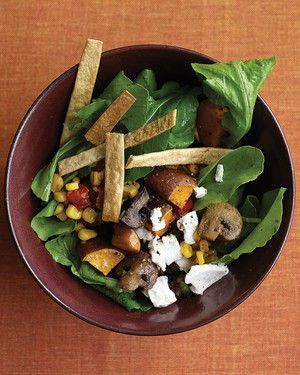 Arugula Salad with Roasted Sweet Potatoes and Mushrooms 
