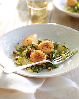 Seared Scallops with Roasted Brussels Sprouts and Hazelnut Vinaigrette 
