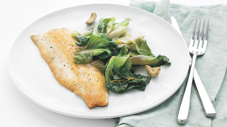 Trout with Escarole, Orange, and Olives 