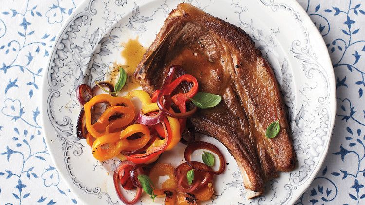 Pork Rib Chops with Sweet Peppers and Basil 