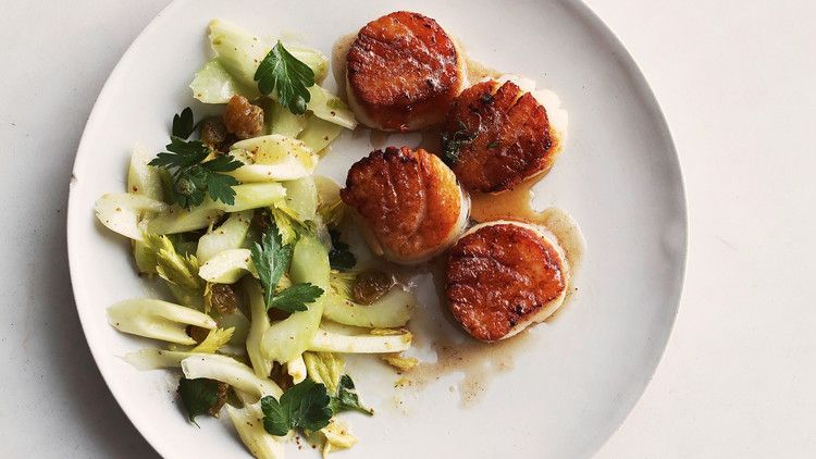 Seared Scallops with Celery and Golden Raisin Salad 