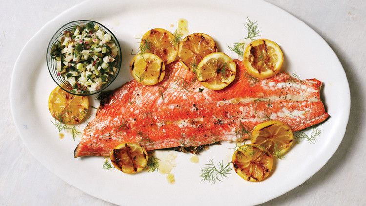 Crisp Grilled Salmon with Fennel-Olive Relish