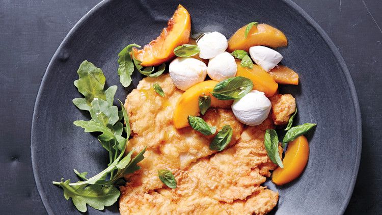 Pickled-Peach and Mozzarella Salad with Fried Chicken Cutlets