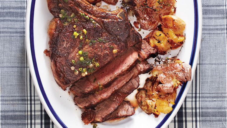 Seared Rib-Eye Steak with Smashed Potatoes 