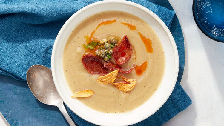 Roasted-Parsnip Soup with Chorizo 