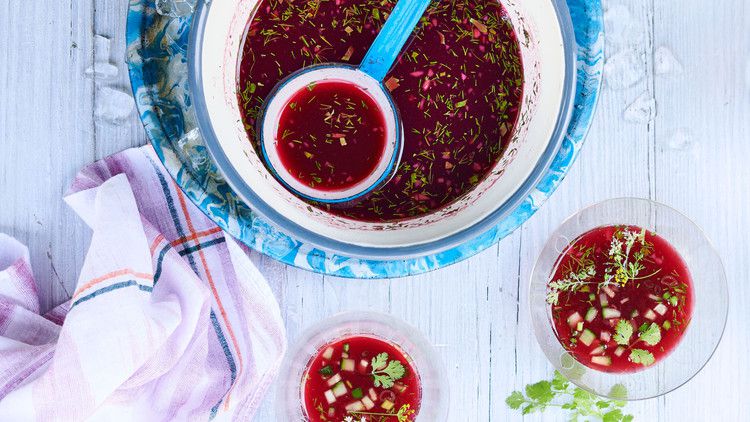 chilled sour-cherry soup flecked with dill and cilantro 