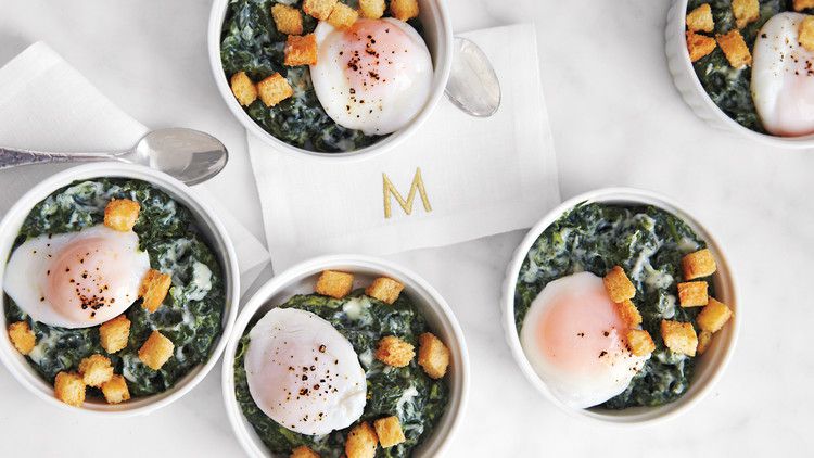 Creamed Spinach with Poached Eggs and Brioche Croutons