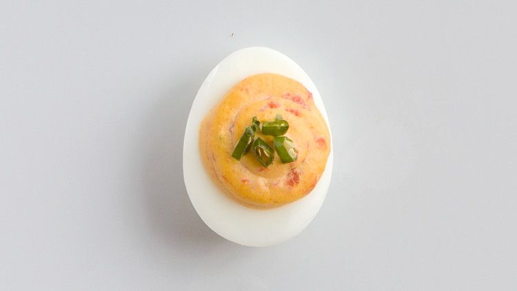 Roasted Pepper-Thai Chile Deviled Eggs 