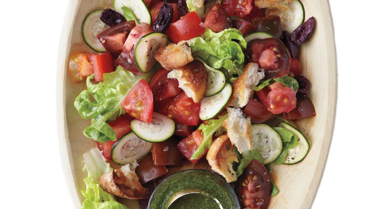 Tomato, Baby-Lettuce, and Olive-Bread Salad 