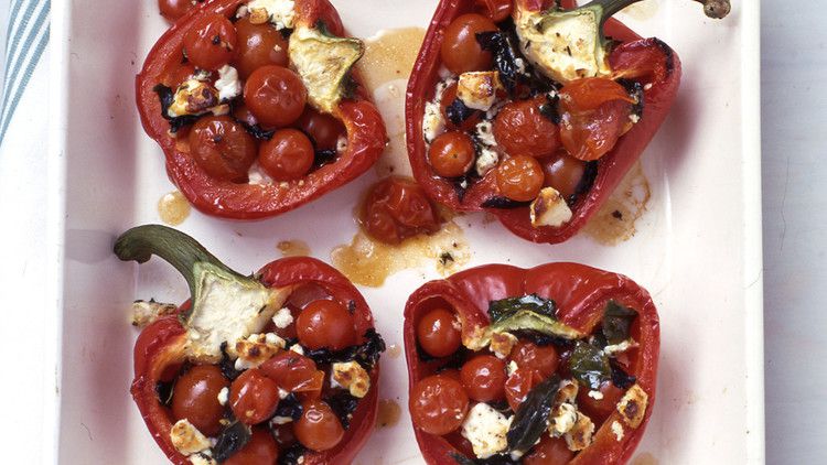 Baked Stuffed Red Peppers with Cherry Tomatoes, Feta, and Thyme 