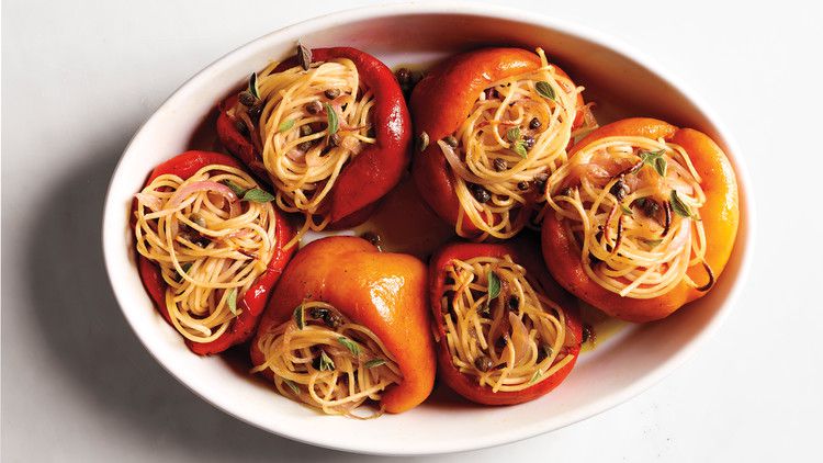 Roasted Peppers with Spaghetti Stuffing 