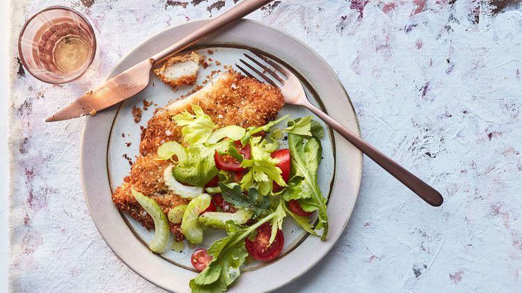 thyme-and-sesame-crusted cutlets with copper cutlery