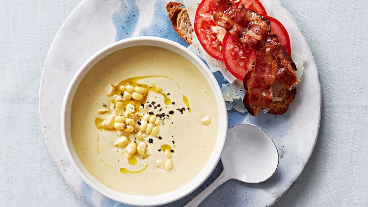 Corn soup with tomato-bacon toasts