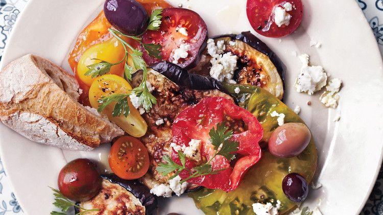 Blistered Eggplant with Tomatoes, Olives, and Feta 