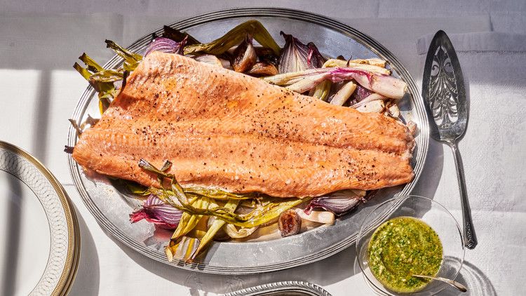 Roasted Salmon and Spring Onions with Mint-Caper Pesto