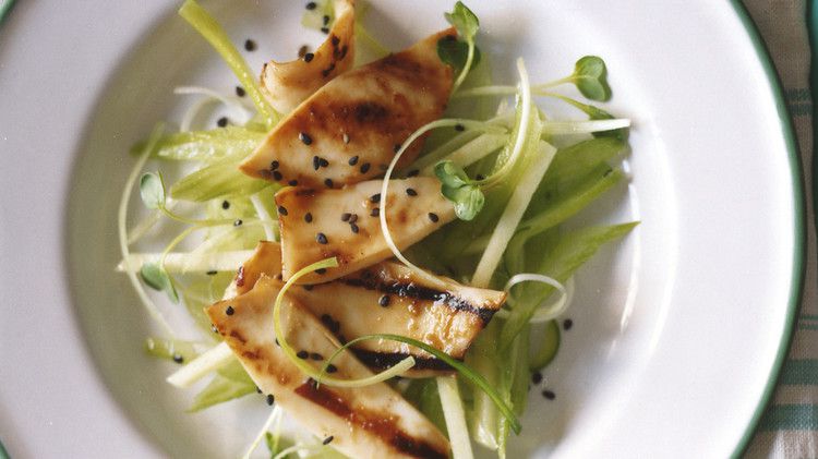 Grilled Squid with Ginger, Celery, and Apple Slaw 