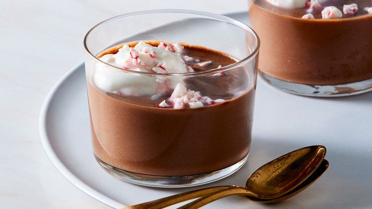 vegan chocolate pudding topped with candy canes