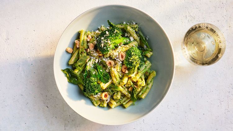 broccoli-and-hazelnut-pesto pasta served with parmigiano