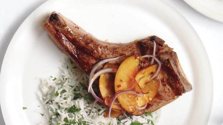 Grilled Pork Chops with Peach Relish and Herb Rice 