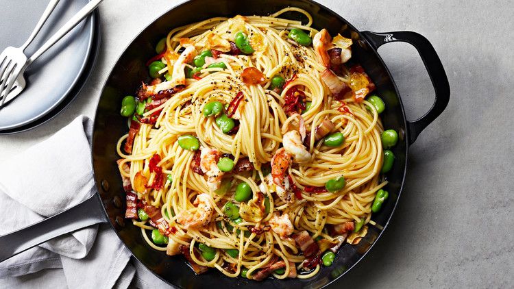 Pasta with Favas, Shrimp, and Fresh Chile