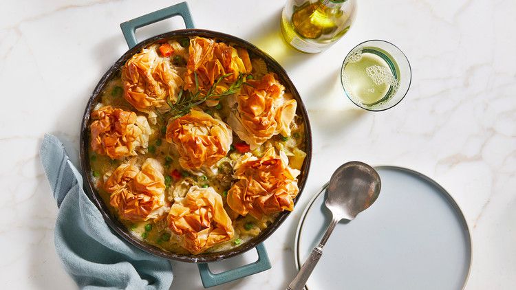 light and bright chicken potpie with phyllo clusters