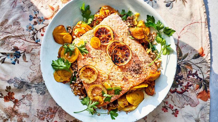 Slow-Roasted Salmon Salad with Barley and Golden Beets