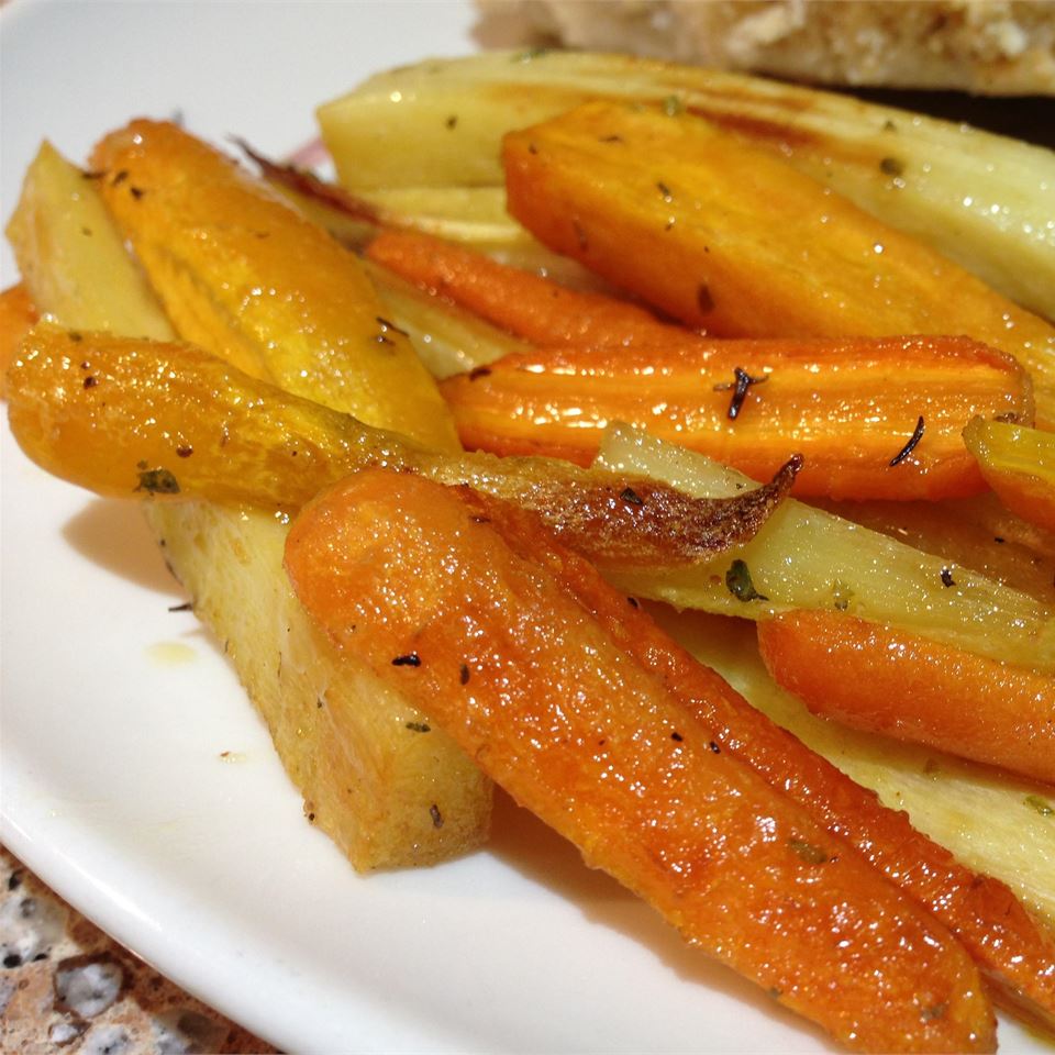 Roasted Sweet Potatoes and Vegetables With Thyme and Maple Syrup image