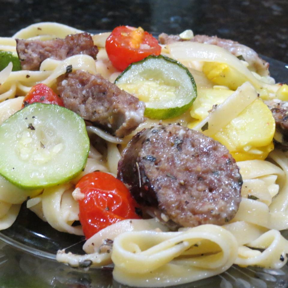 Fettuccine with Roasted Tomatoes, Vegetables and Sausage 