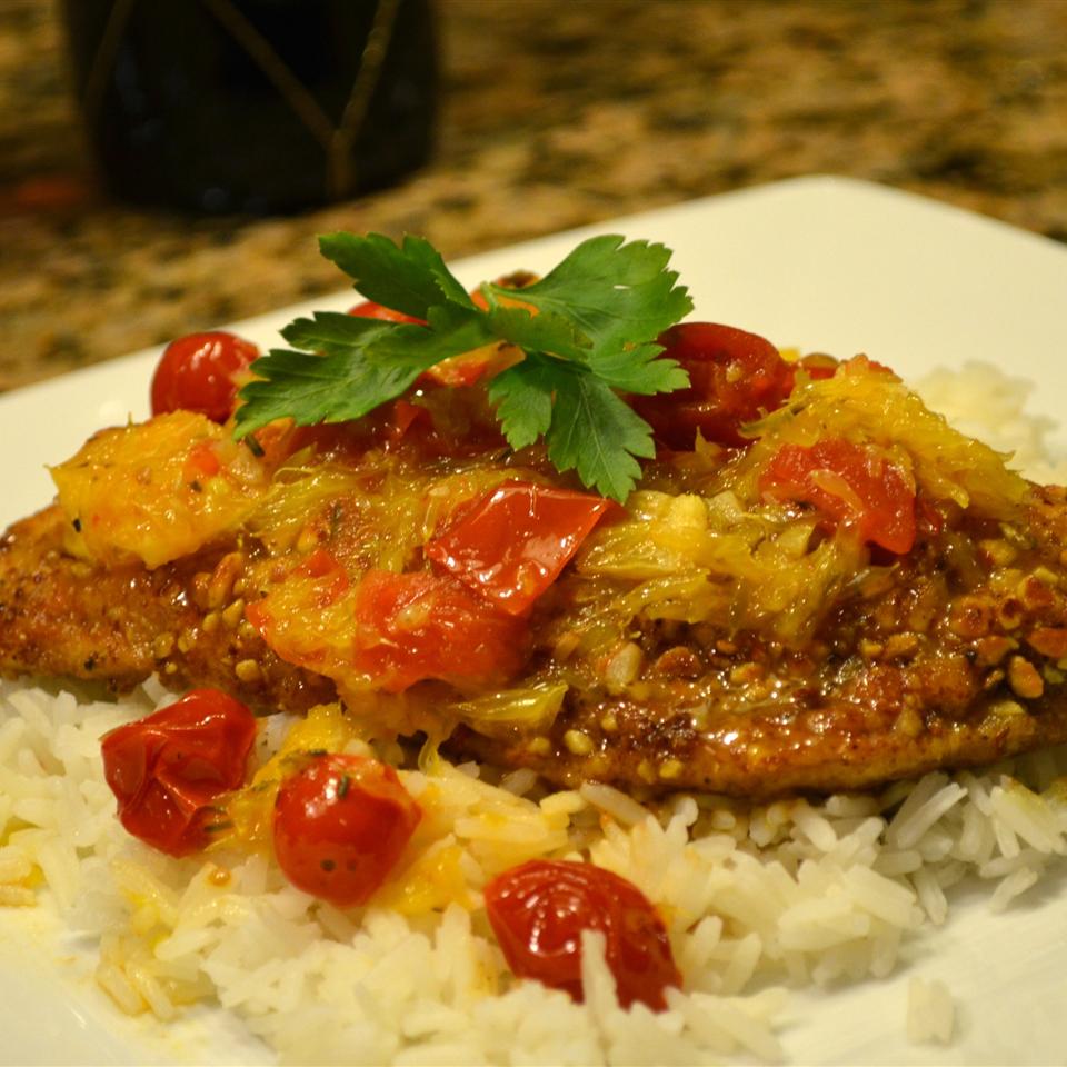 Almond Crusted Chicken with Tomato Citrus Sauce