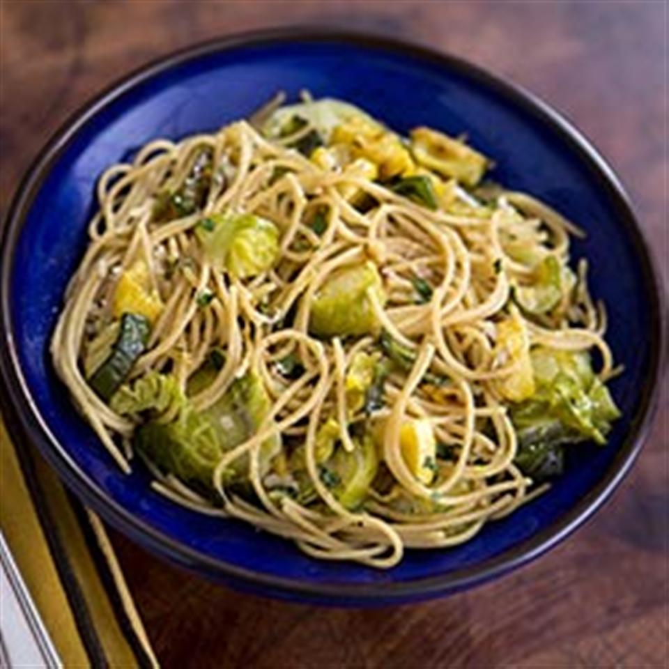 Whole Grain Thin Spaghetti with Brussels Sprouts, Zucchini and Yellow Squash