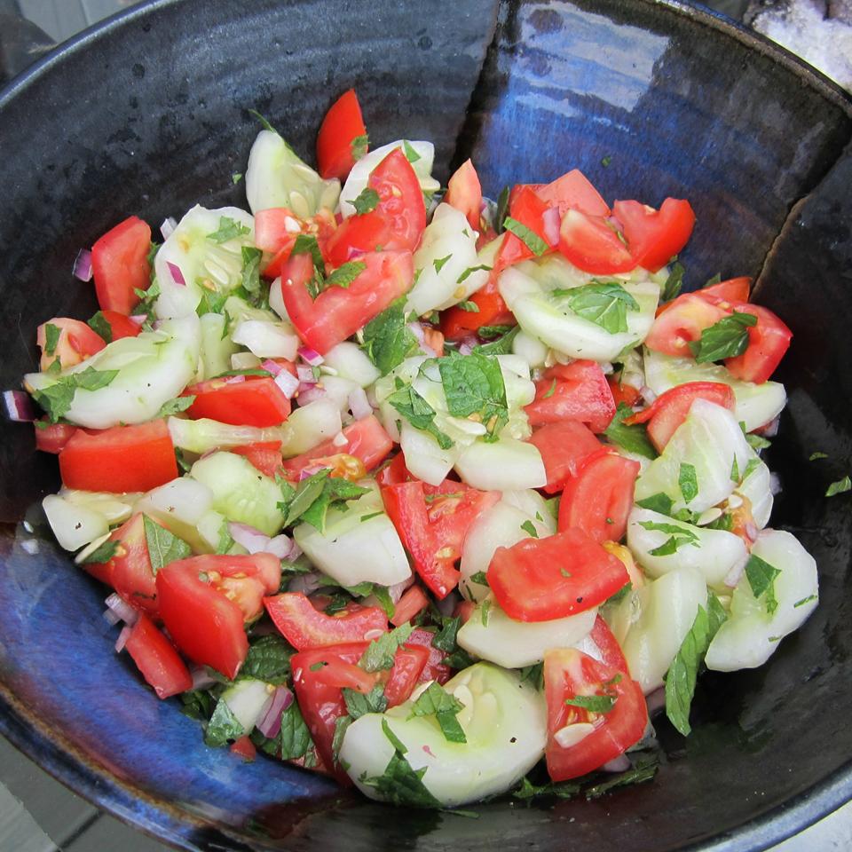 Tomato, Cucumber and Red Onion Salad with Mint 
