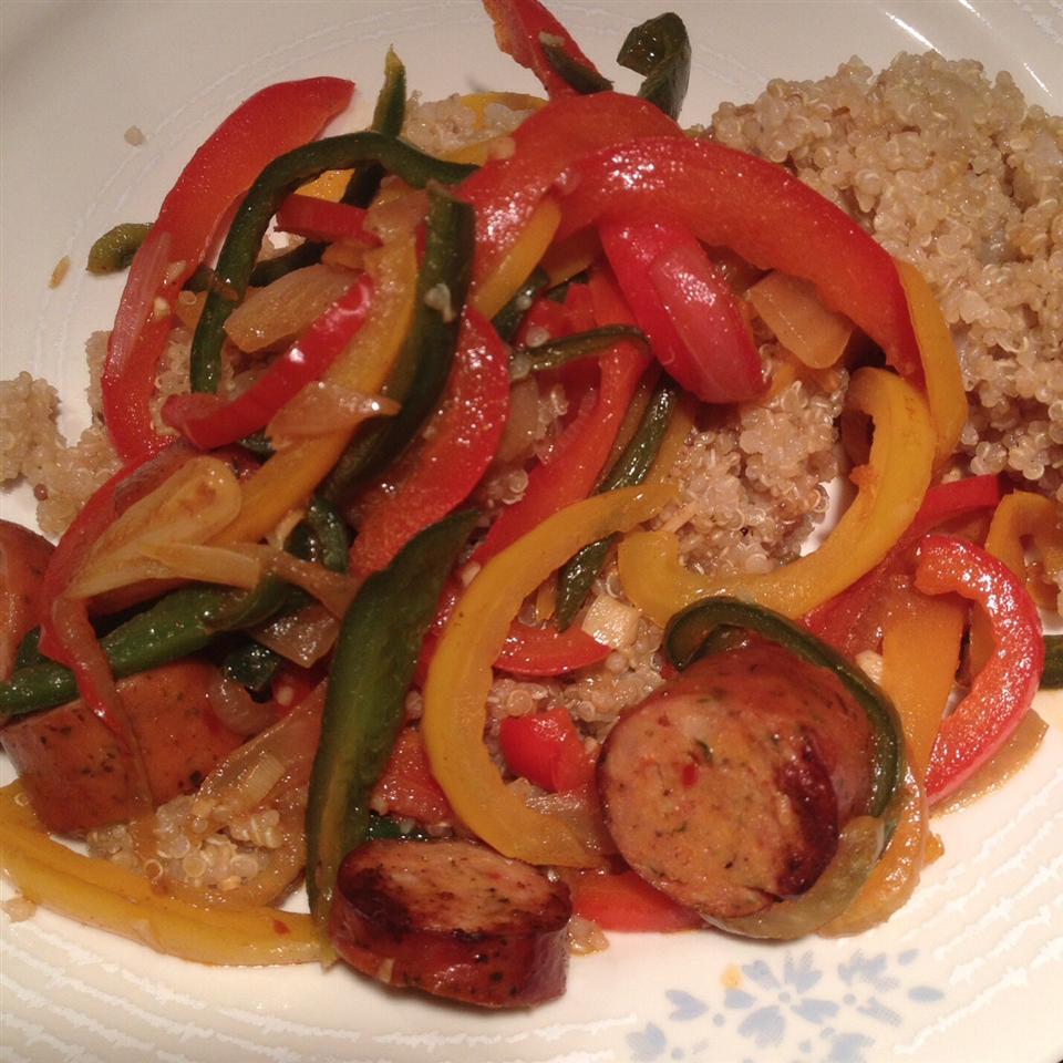 Chicken Chorizo on Quinoa with Peppers 